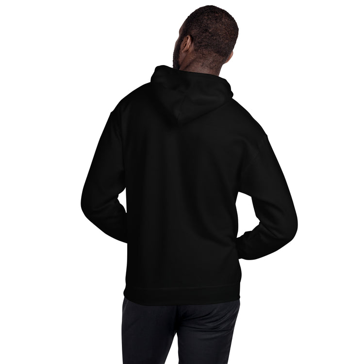 Unisex dark hoodie, back view with hood and draped sleeves, side angle