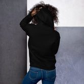 Black unisex hoodie with drawstring hood and kangaroo pocket, back view