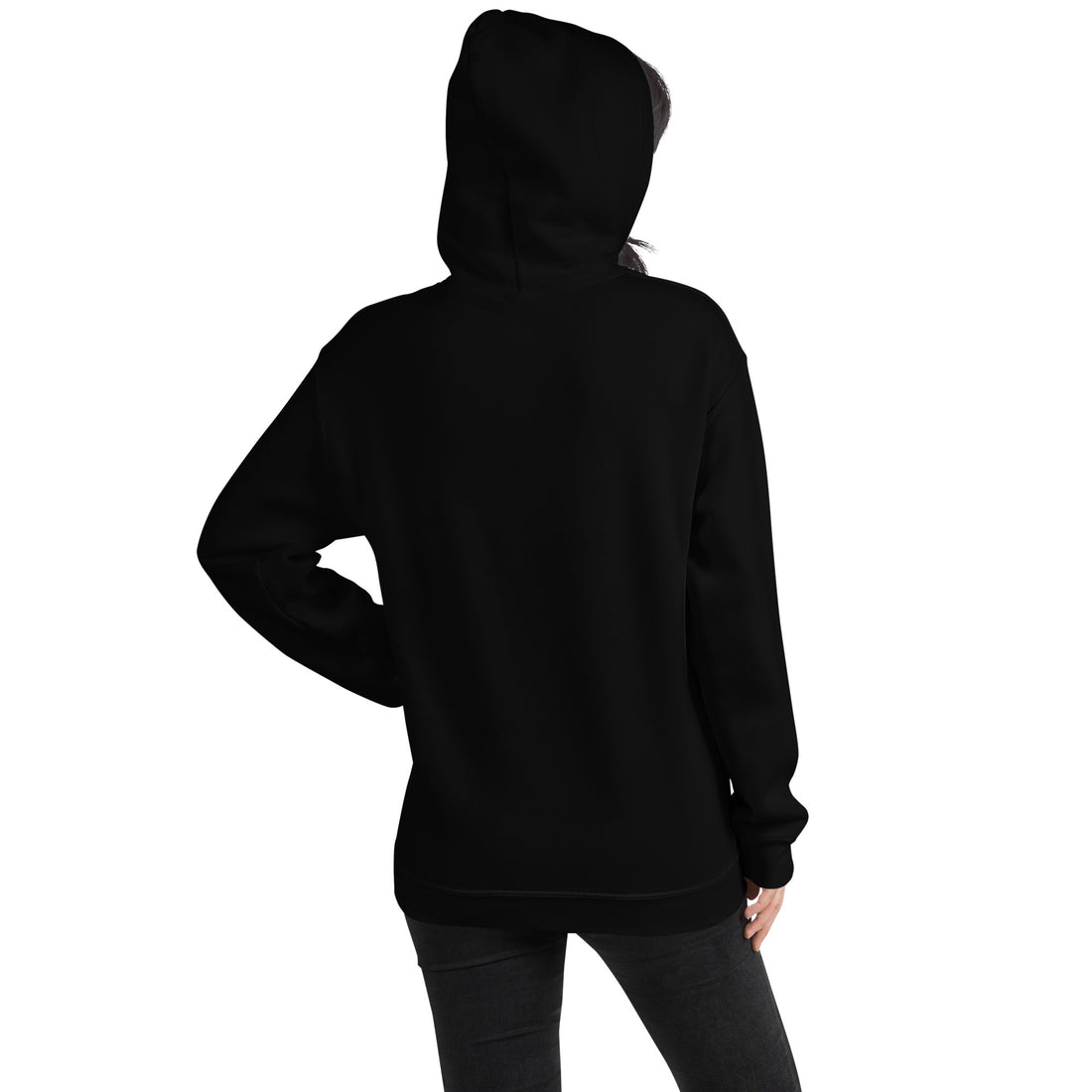 Unisex-Hoodie mit Kapuze, schwarz, Rückansicht, Kängurutasche und Bündchen sichtbar