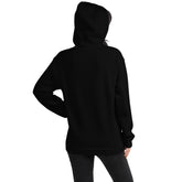 Black unisex pullover hoodie with hood up and kangaroo pocket, back view