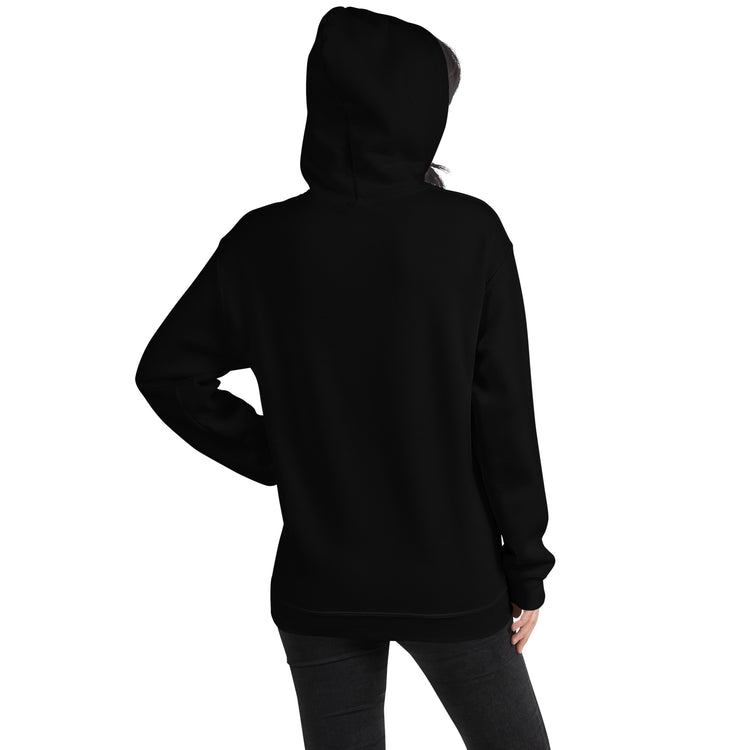 Black unisex pullover hoodie with hood up and kangaroo pocket, back view