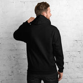 Black unisex hoodie back view with hood and kangaroo pocket.
