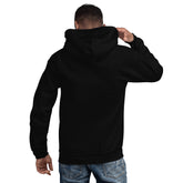 Unisex black hoodie with kangaroo pocket and hood, shown from back view