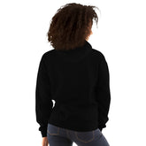 Black unisex hoodie, back view with hood and long sleeves