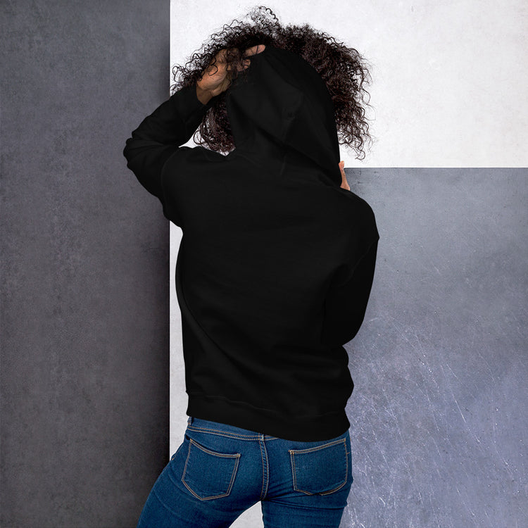 Black unisex hoodie shown from back with hood and kangaroo pocket