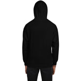 Unisex black pullover hoodie with hood, plain back, ribbed cuffs and hem