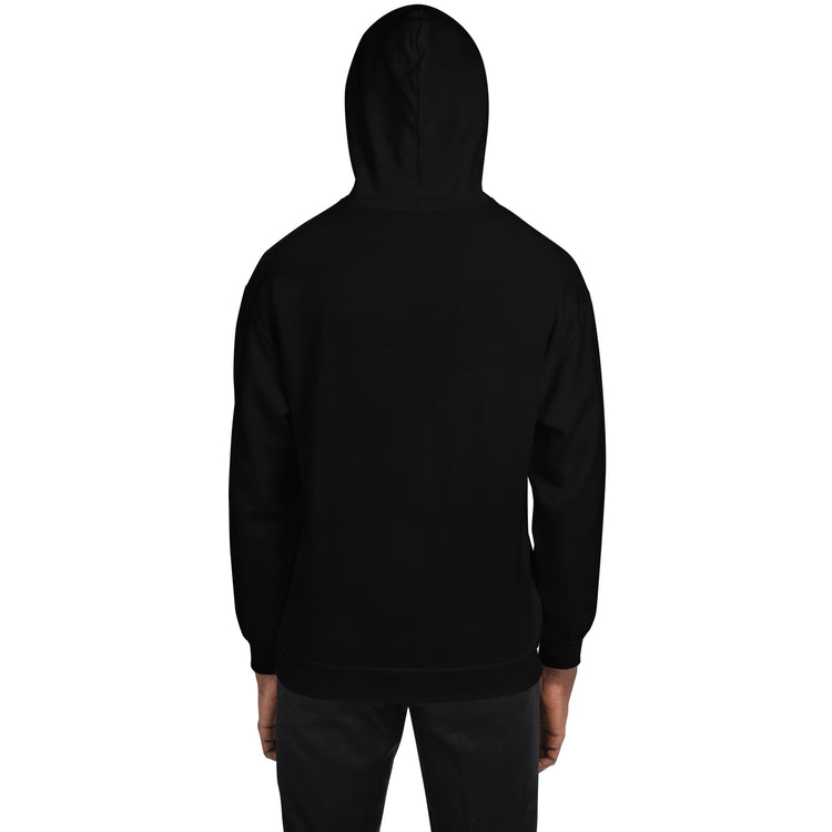 Unisex black pullover hoodie with hood, plain back, ribbed cuffs and hem
