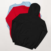 Black hoodie, front view with hood up and front pocket
