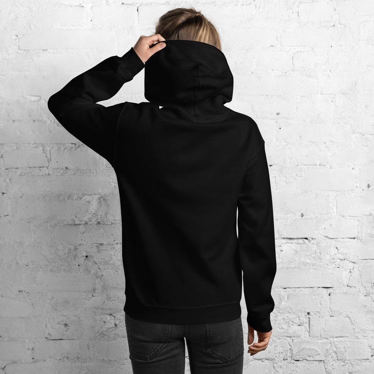 Black unisex pullover hoodie with hood and front pocket, shown from the back