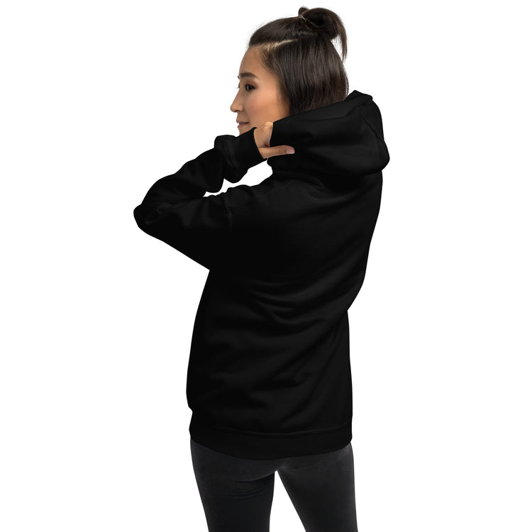 Black hoodie back view with hood and long sleeves, kangaroo pocket.