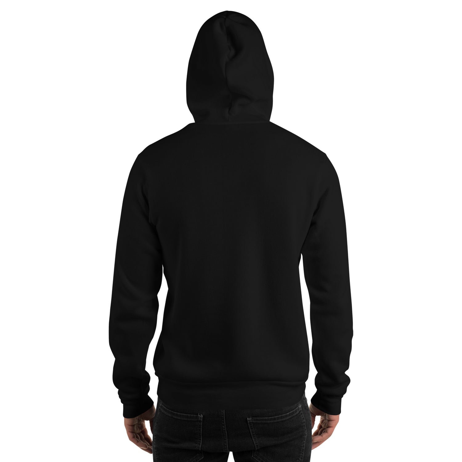 Black unisex hoodie, back view with hood and kangaroo pocket