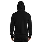 Black unisex hoodie, back view with hood and kangaroo pocket