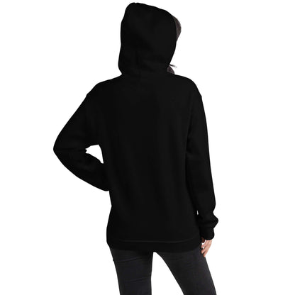 Black pullover hoodie back view with hood and long sleeves
