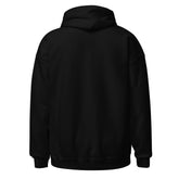 Black unisex pullover hoodie from back view with hood and loose fit