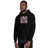 Unisex black pullover hoodie, side view, colorful chest graphic and kangaroo pocket