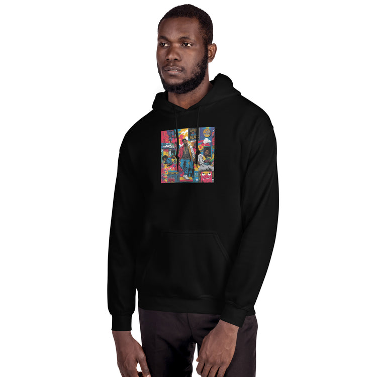 Unisex black pullover hoodie, side view, colorful chest graphic and kangaroo pocket