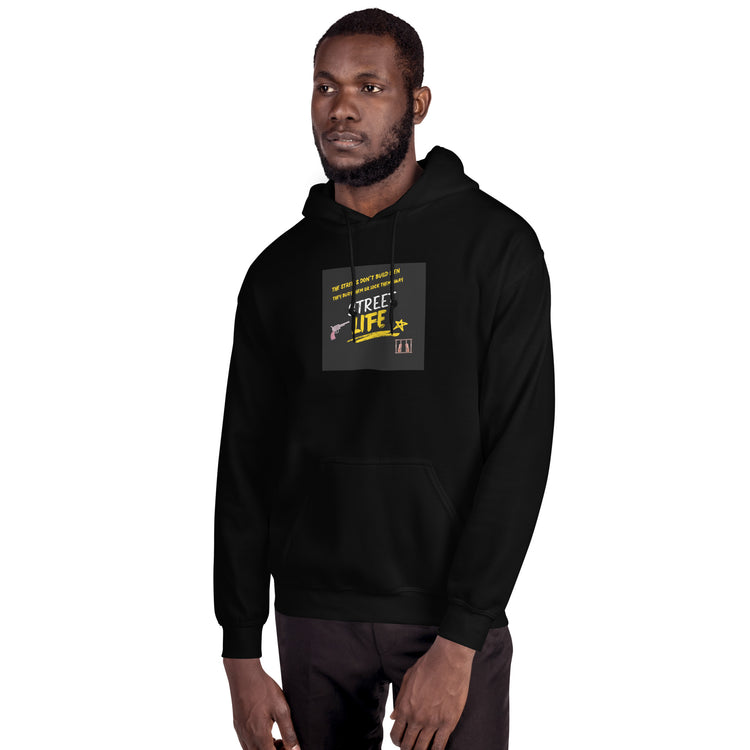 Unisex dark hoodie with front logo patch and hood, side view