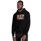 Unisex black hoodie with chest graphic, kangaroo pocket and hood