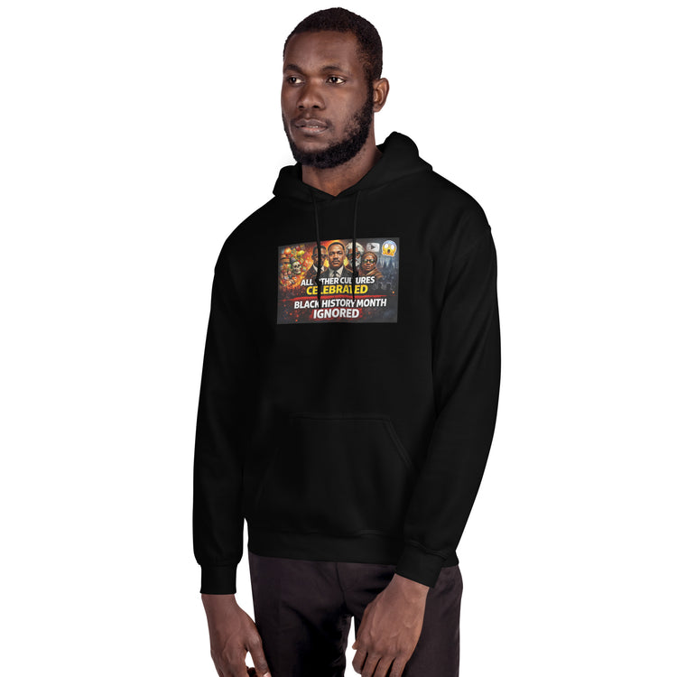 Unisex black hoodie with chest graphic, kangaroo pocket and hood
