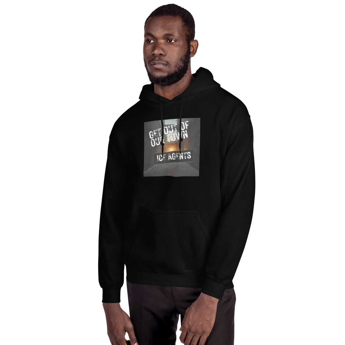 Black pullover hoodie with front square graphic print and kangaroo pocket