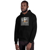 Black pullover hoodie with front square graphic print and kangaroo pocket