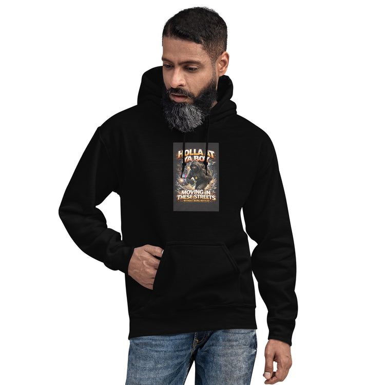 Unisex black pullover hoodie with front graphic print and kangaroo pocket