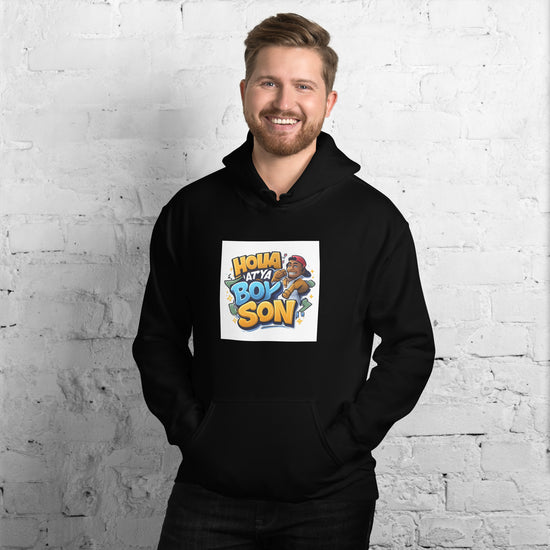 Unisex black hoodie with front graphic print and kangaroo pocket