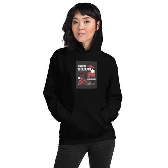 Black unisex pullover hoodie with front graphic and kangaroo pocket