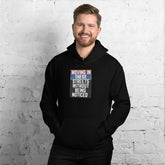 Black unisex hoodie with hood, drawstrings, kangaroo pocket, and front graphic print.