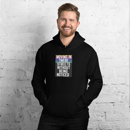 Black unisex hoodie with hood, drawstrings, kangaroo pocket, and front graphic print.