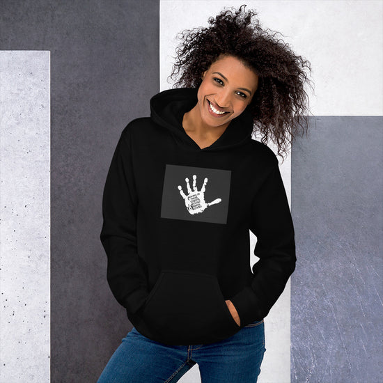 Black unisex hoodie with front handprint graphic and kangaroo pocket