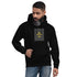 Black unisex hoodie with front kangaroo pocket and graphic logo on chest