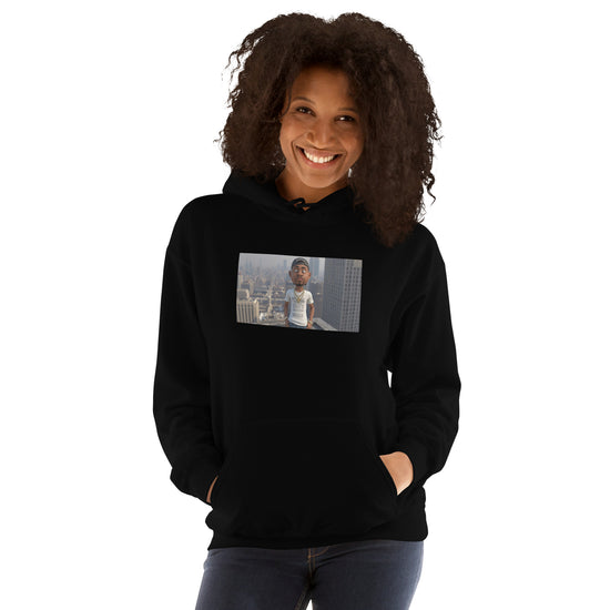 Black unisex hoodie with front chest graphic, hood and kangaroo pocket