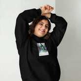 Black unisex hoodie with chest graphic, hood with drawstrings, and front pouch pocket