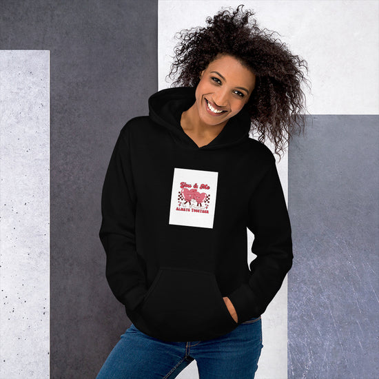 Black unisex hoodie with hood, kangaroo pocket, and square chest graphic print