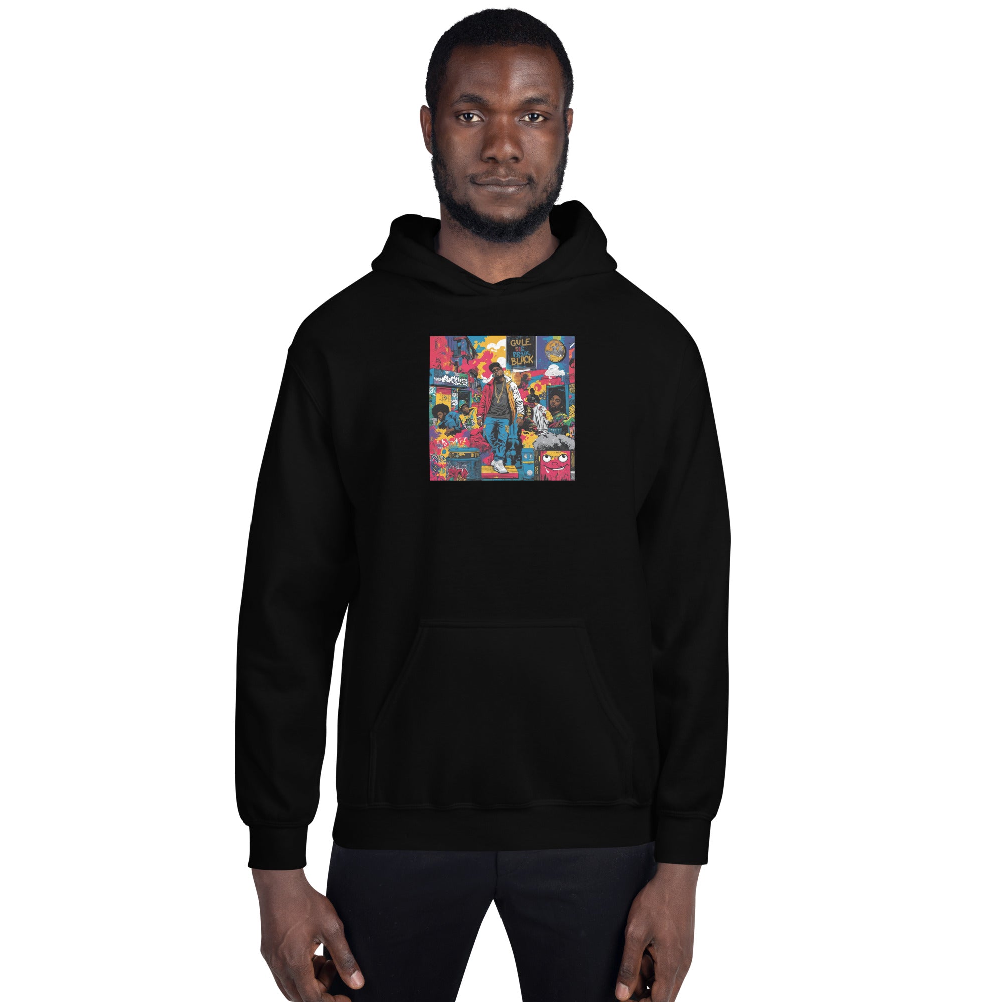 Black unisex hoodie with colorful front graphic and front kangaroo pocket