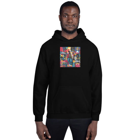 Unisex black pullover hoodie with colorful graphic on chest and front kangaroo pocket