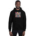 Black unisex hoodie with colorful front graphic and front kangaroo pocket