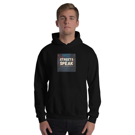 Black unisex pullover hoodie with hood, kangaroo pocket, and chest graphic print