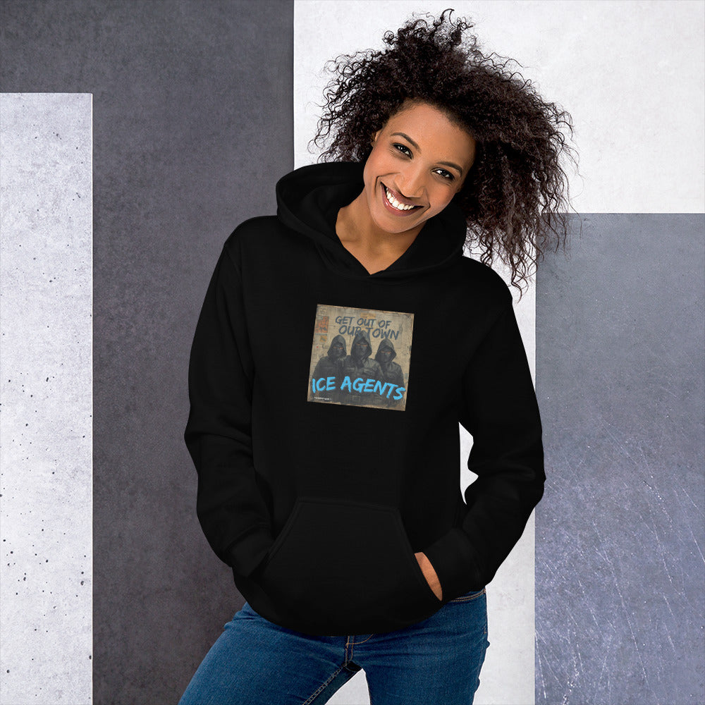 Black unisex hoodie with front pocket and “ICE AGENTS” graphic print.