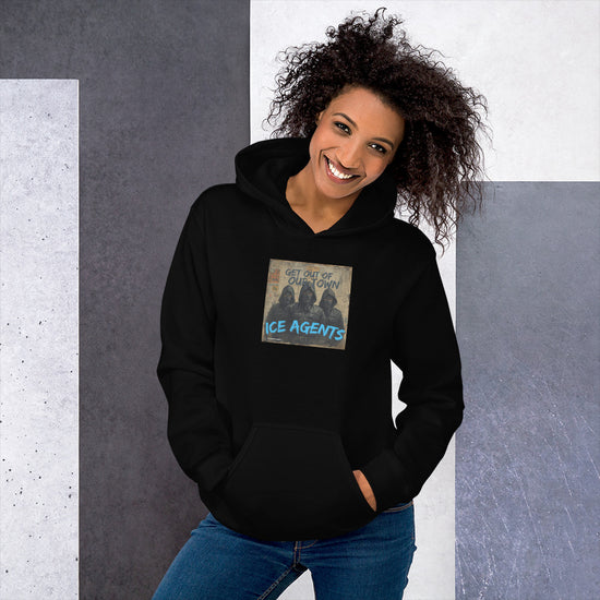 Black unisex hoodie with front pocket and “ICE AGENTS” graphic print.
