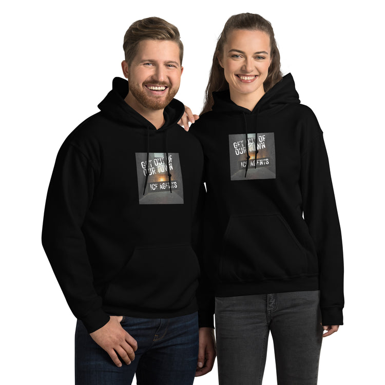 Unisex hoodie in black with front logo graphic, pullover hood, and kangaroo pocket
