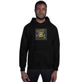 Unisex dark hoodie with front logo patch and kangaroo pocket