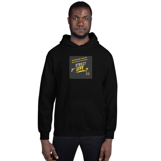 Unisex dark hoodie with front logo patch and kangaroo pocket