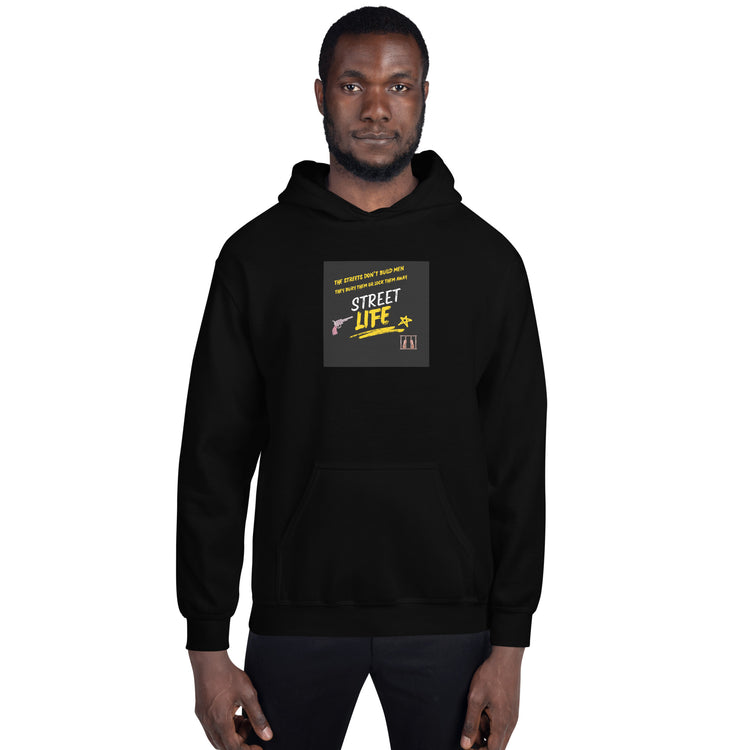 Unisex dark hoodie with front logo patch and kangaroo pocket