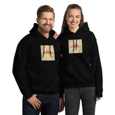 Black unisex hoodie with front pocket and hood, graphic chest print