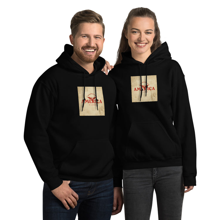 Black unisex hoodie with front pocket and hood, graphic chest print