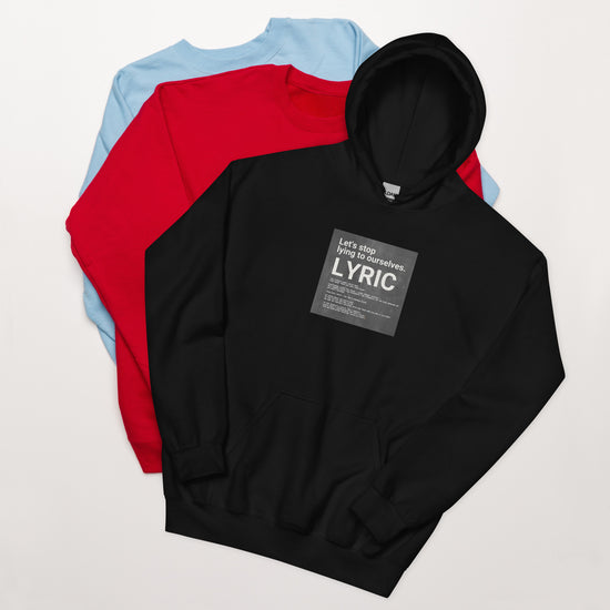 Black hoodie with front LYRIC graphic, hood up