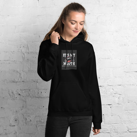 Black unisex pullover hoodie with hood and front pocket, featuring a square chest graphic