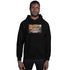 Black unisex hoodie with front graphic and kangaroo pocket
